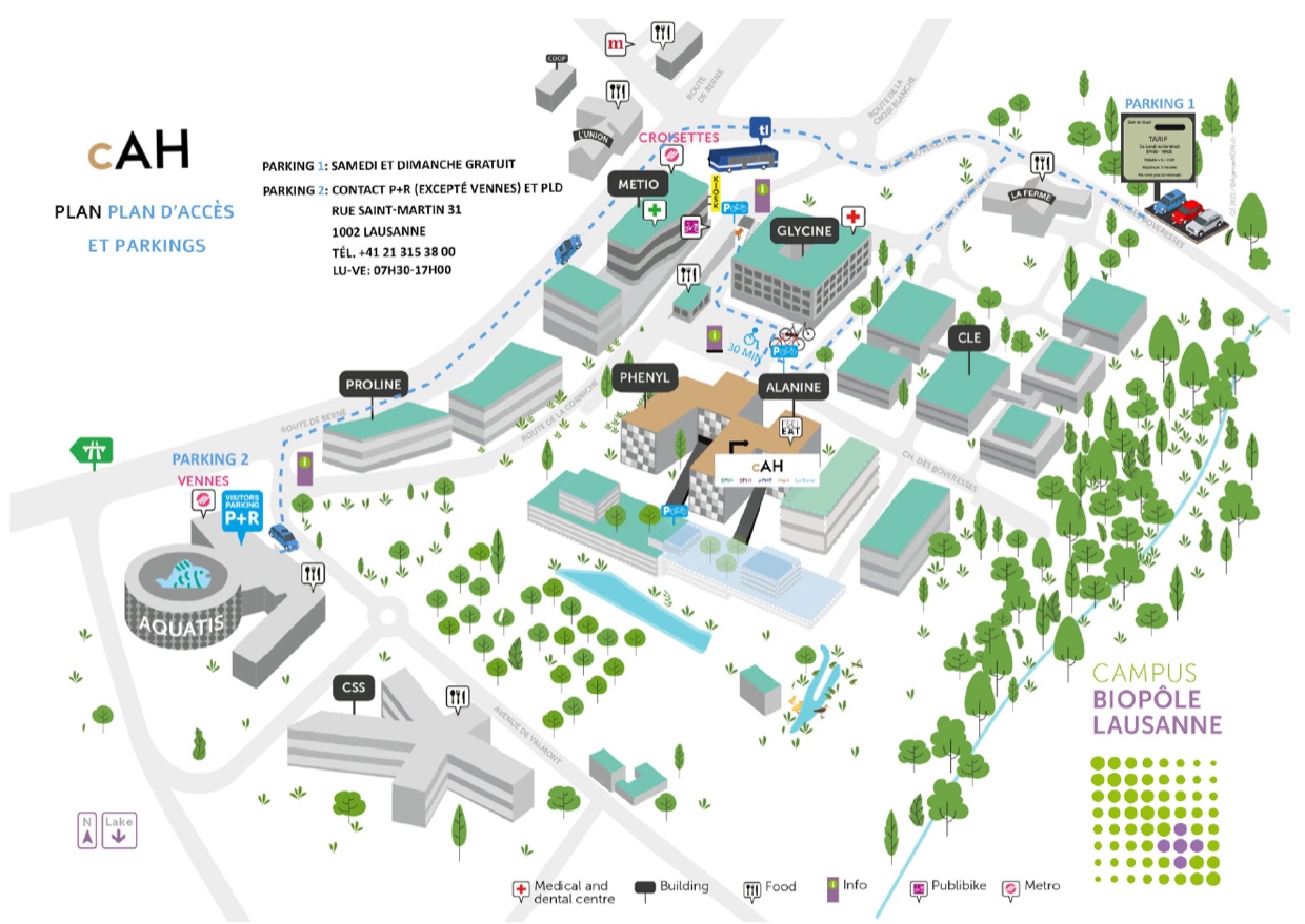 Plan du campus Biopôle : bâtiment Alanine, parkings 1 et 2, arrêt de métro Croisettes
